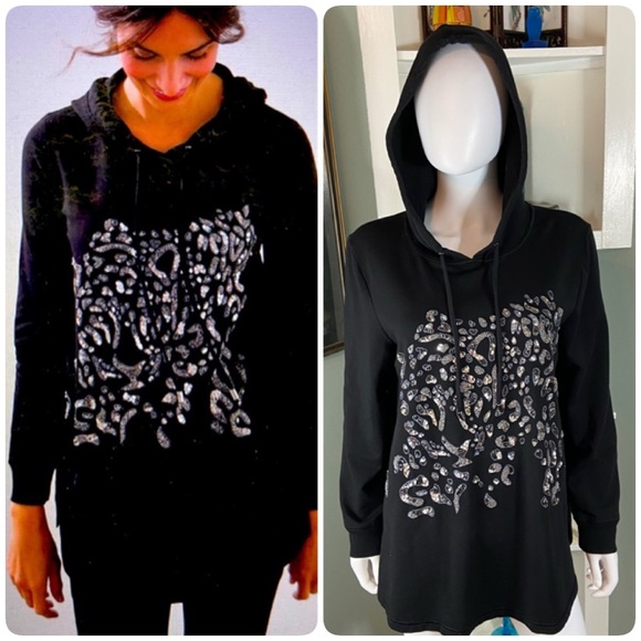 Chico's Tops - Chico's Zenergy Sz 2 French Terry Black Hoodie Leopard Print Silver Sequin Beads